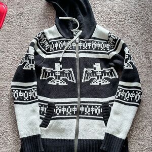 Woman’s Black and Gray Zip-Up Sweater with Eagle Design